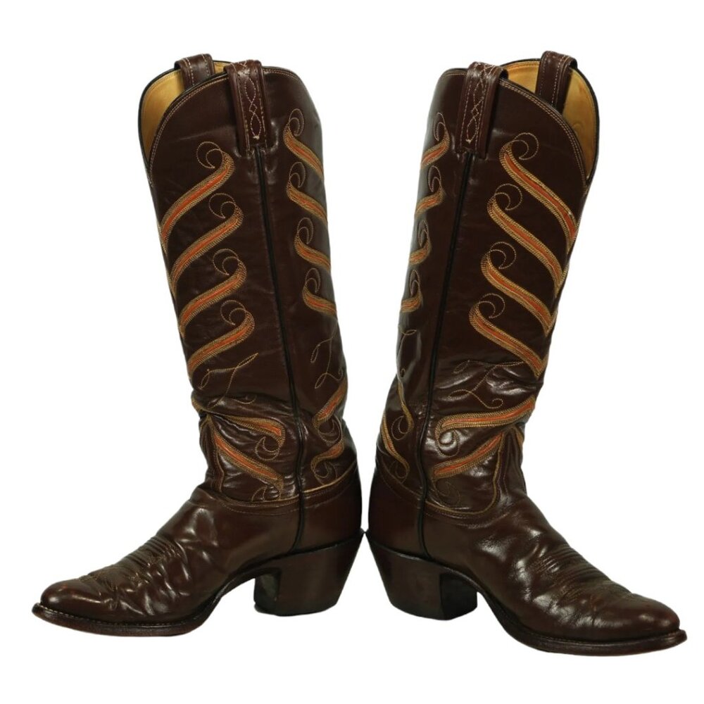 Tony Lama Tall Cowboy Boots Inlay Ribbon Chevron Vintage US Made 70s Women's 6 B